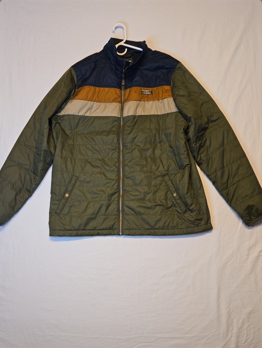L.L. Bean Green, Tan & Navy Mountain Classic Water Repelent Puffer Shell Jacket
